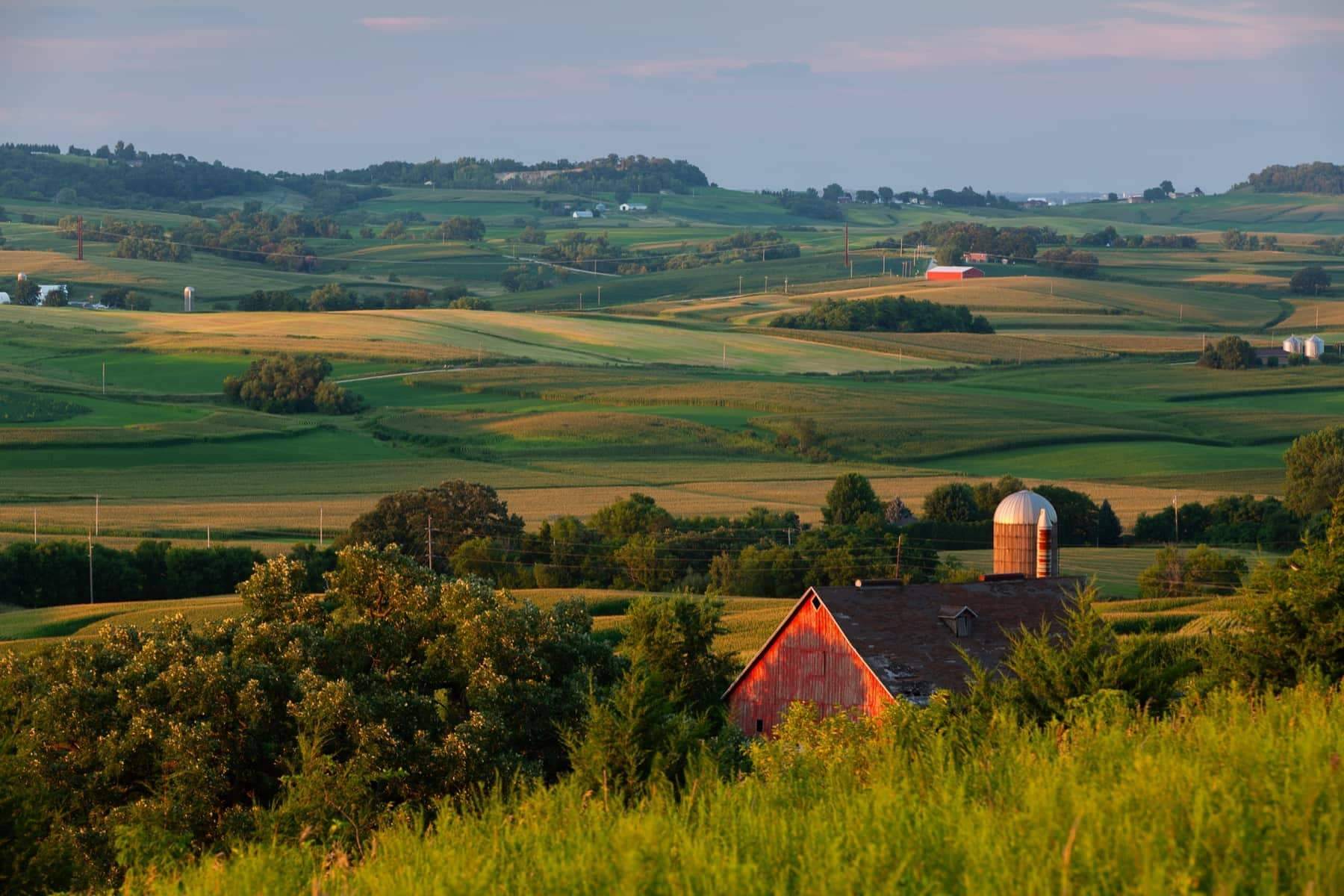 Iowa rolling hills at golden hour